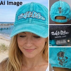 Salt Life Turquoise Cotton Embroidered Skull Baseball Cap Coastal Nautical OSFM
